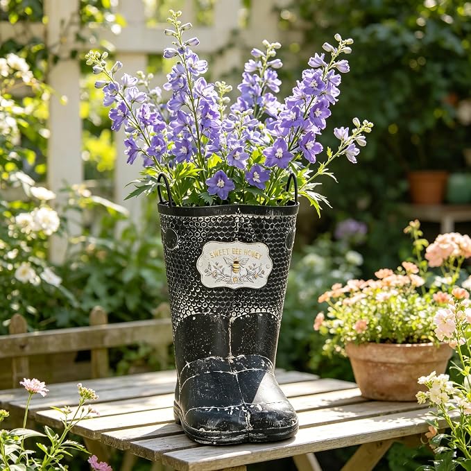 Vintage Metal Planters with Handle Distressed Decor Rustic Farmhouse Flower Pot with Sweet Bee Honey Emblem, Indoor/Outdoor Decorative Plants Buckets for Wedding Home Garden Patio Decor
