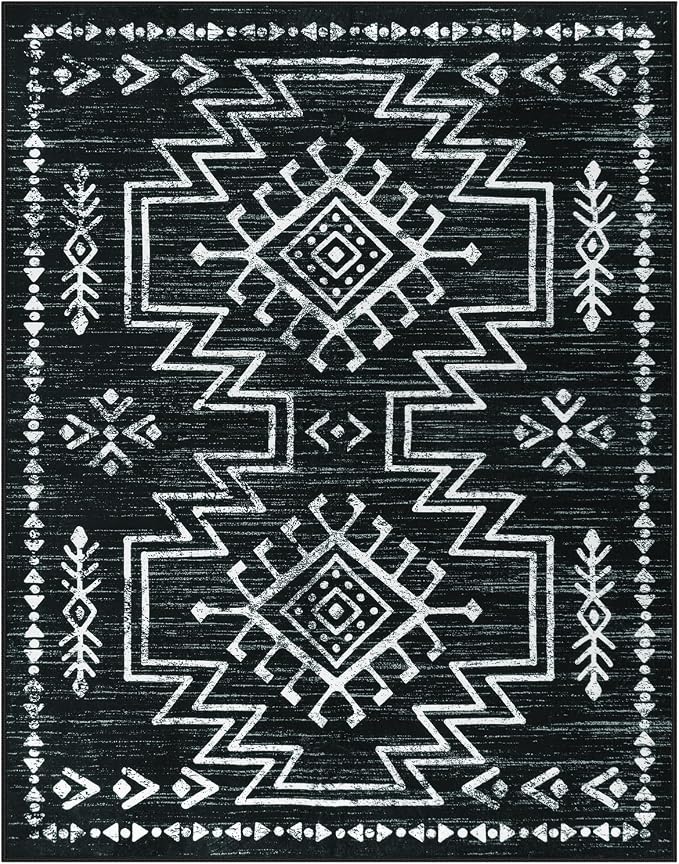 Lahome Washable Living Room Rugs 8x10, Western Black and White Bedroom Rug | Low Pile Boho Distressed Aztec Floor Carpet for Dining Room, Soft Stain Resistant Large Moroccan Carpets