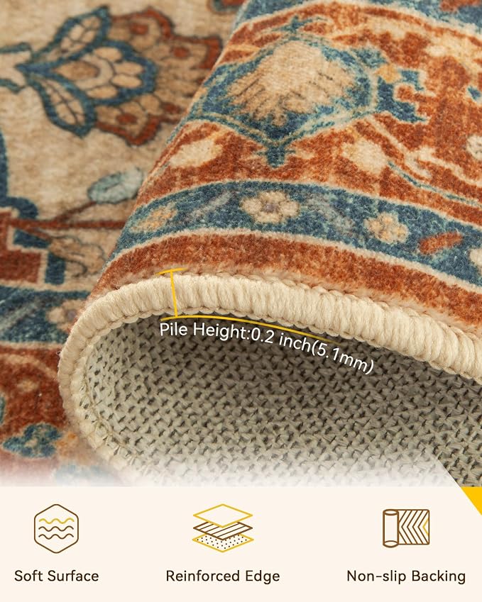 RELEANY Washable Area Rug, Large 9'x12', Red/Orange/Blue/Brown | Non-Slip, Water Repellent, Pet Friendly, Easy to Clean, Vintage Floral Boho Decor for Living Room Bedroom Dining Room