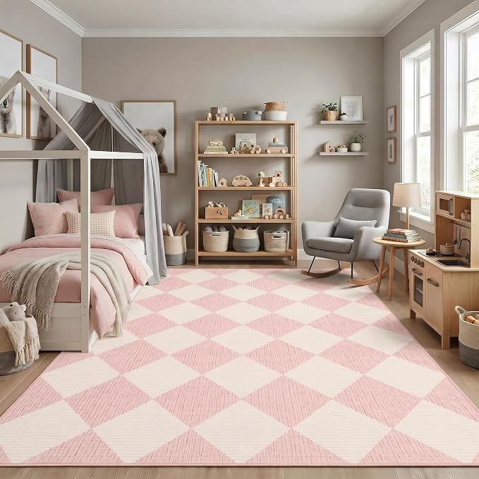 GarveeHome Large Area Rug 9x12 Pink Living Room Checkered Washable Rug | Large Diamond Non Slip Backing Floor Mat Indoor Soft Thin Carpet for Bedroom Dining Room Playroom Nursery Home Decor