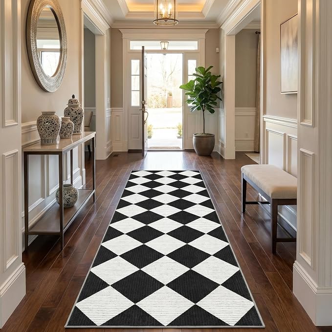 GarveeHome Checkered Rug Runners Hallway 2x6 Black and White Kitchen Runner | Non Slip Soft Diamond Print Entryway Rug Thin Laundry Mat Stain Resistant Carpet for Bedroom Bathroom Beside