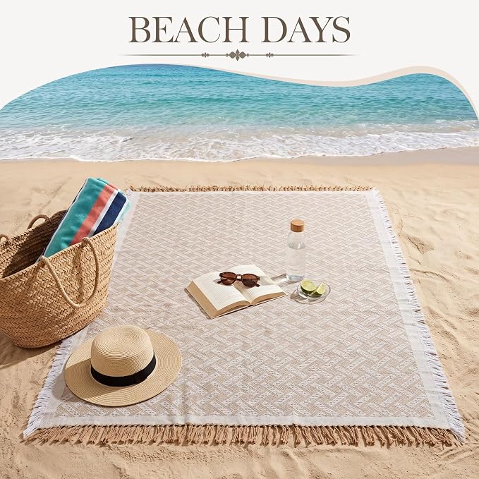 1 Pack White Coffee Extra Large Picnic Blanket, Outdoor Picnic Mat, Woven Boho Large Beach Blanket with Fringe for Park, Camping, Lawn or Wedding Photoshoot (71 x 91 Inches)