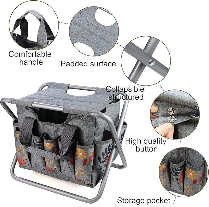 MDSTOP Folding Gardening Stool with Detachable Storage Tote Bag, Gardening Tools Set Organizer for Fishing Outdoor Sports Hiking Camping Garden, Gardening Gifts for Mom/Dad, Without Tools