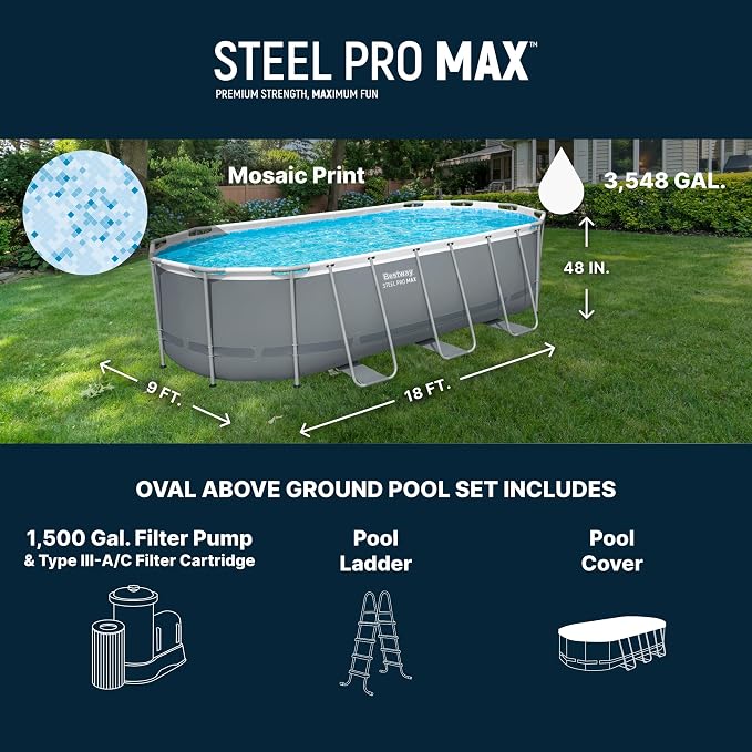 Bestway Steel Pro MAX 18' x 9' x 48" Above Ground Pool Set with Pump | Durable Oval Metal Frame Outdoor Backyard Swimming Pool, Puncture-Resistant Liner - Ladder and Cover Included, Gray