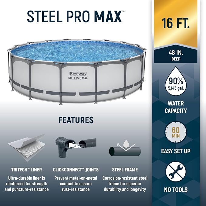 Bestway Steel Pro MAX 16' x 48" Above Ground Swimming Pool Set with Pump | Durable Round Metal Frame Outdoor Backyard Pool, Puncture-Resistant Liner - Ladder and Cover Included, Gray