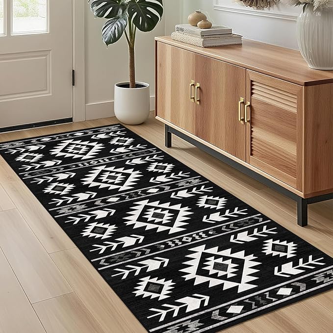 Western Runner Rug 2x6 for Hallway Kitchen Bedroom, Southwestern Aztec Tribal Runner Rugs Southwest Navajo Machine Washable Rug Non-Slip Printed Low-Pile Floor Carpet Mat for Living Room, Black