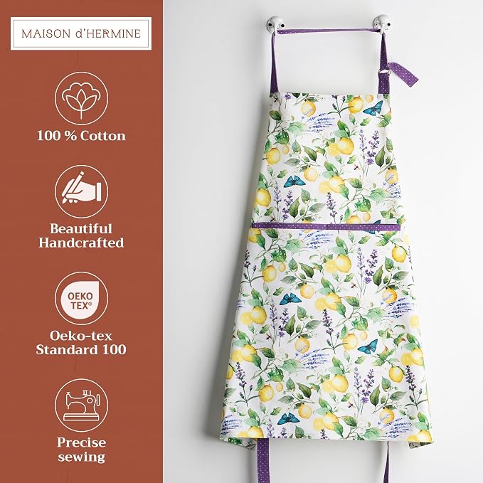 Maison d' Hermine Aprons for women with Pocket 100% Cotton (27.50"x31.50") | Adjustable Neck Strap & long ties Apron Men Chef Wedding Cooking Gardening Server Maid