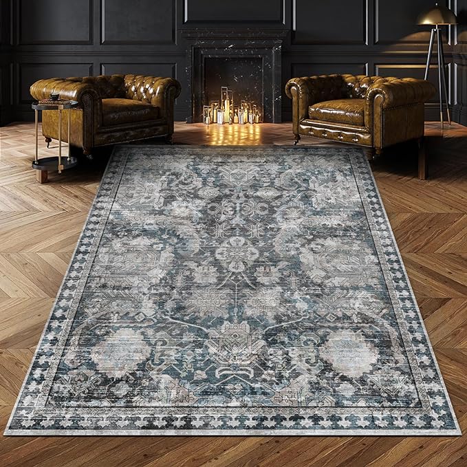 Washable Area Rugs - Perfect for Living Room, Bedroom, Kids Room, Nursery - Stain & Water Resistant Non-Slip, Pet & Child Friendly, Vintage Tribal Area Rugs (Grey and Blue, 3' x 5 ')