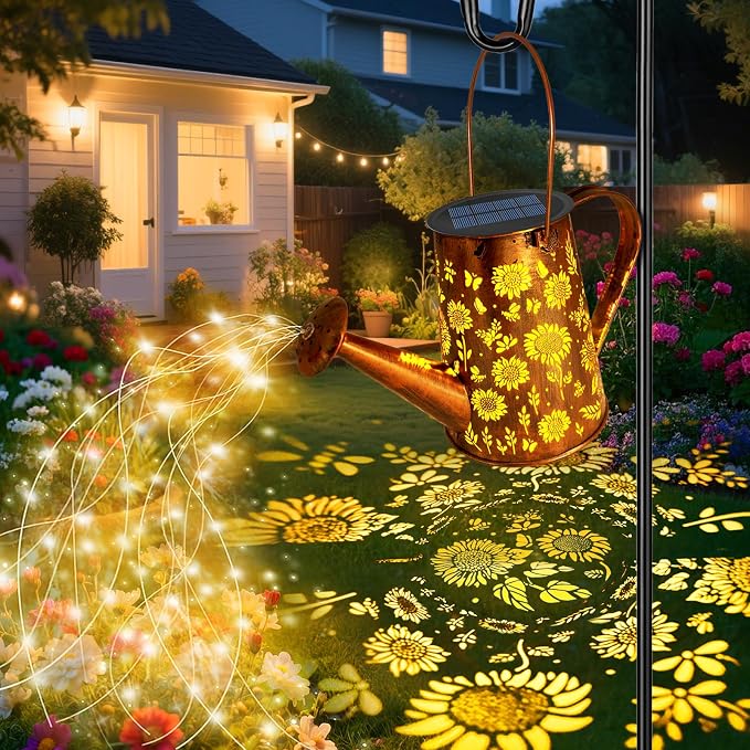 VOOKRY Solar Lights Outdoor Decoration, Large Retro Hanging Metal Solar Watering Can Lights Waterproof Sunflower Garden Decor Outside for Yard Lawn Patio Porch, Birthday Gifts for Women Mom Grandma