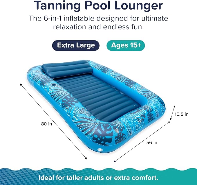 Aqua Inflatable Tanning Pool Lounger, Premium Pool Float with Cupholders and Removeable Pillow for Relaxation and Fun