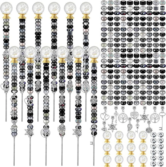 Tigeen 236 Pcs Garden Stake DIY Fairy Wand Plant Stake with 12 Colorful Crystal Stopper Top 12 Threaded Rod with 200 Large Hole Bead for Spring Summer Holiday Outdoor Decorations(Dark Witchy)