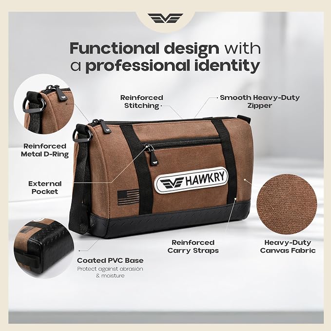 HAWKRY Canvas Tool Pouch – Brown Tool Bag for Tool Storage, DIY, Electrical, Auto or Hobby Use | Rugged Canvas Organizer with Zipper & Reinforced Base – Compact Utility Pouch for Toolbox or Car