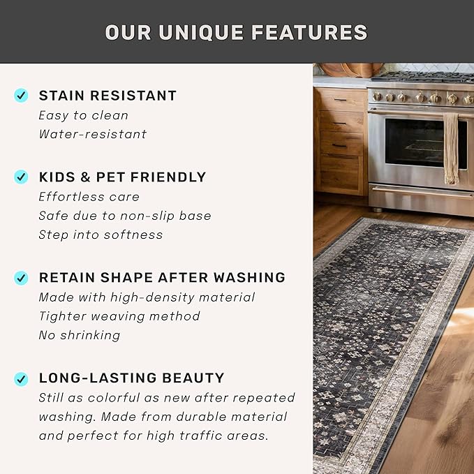 2x4 Entryway Runner Rugs, Small Runners for Kitchen, Door Mat Indoor Entrance, Bathroom, Non-Slip Low-Pile Washable Stain Resistant, Vintage Ashen Charcoal Floral Decor (Ashen/Multi)