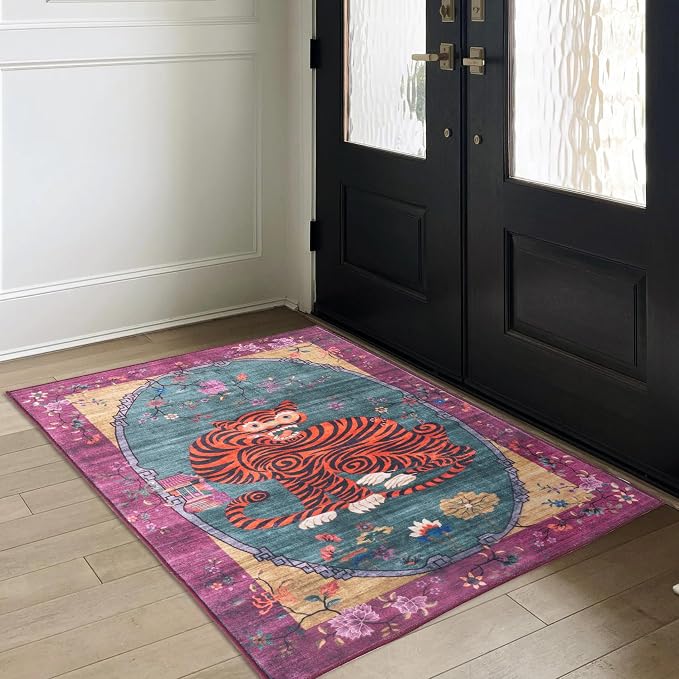 Tiger Rug Washable 3x5 ft Oriental Traditional Animal Print Vintage Fuchsia Floral Tibetan Rugs for Bedroom Kitchen Living Room Indoor Entryway