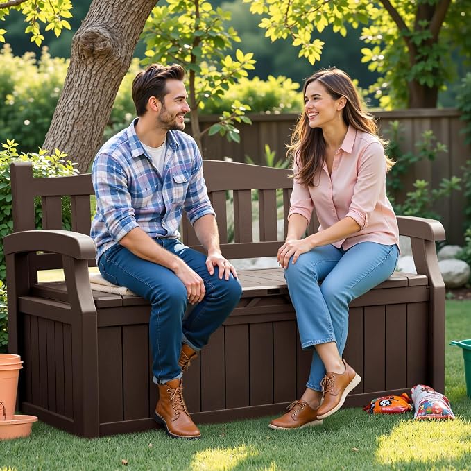 Flamaker 80 Gallon Storage Bench Outdoor Indoor, Durable All-Weather Seating with Hidden Storage, Lockable Deck Box for Garden, Patio, Poolside (Brown)