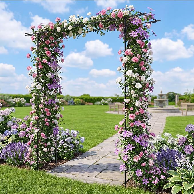 Giantex Metal Garden Arbor with Flat Top Roof, 85" Heavy Duty Outdoor Arch Trellis with Pointed Legs for Climbing Plants, Decorative Wedding Archway for Backyard, Lawn, Party Backdrop