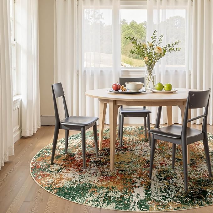 RELEANY Washable Round 4ft Area Rug for Living Room Green Multi | Carpet for Bedroom, Kitchen, Office, Hallway and Entryway, Printed Pattern, Non‑Slip, Soft, Stain‑Resistant, Easy to Clean