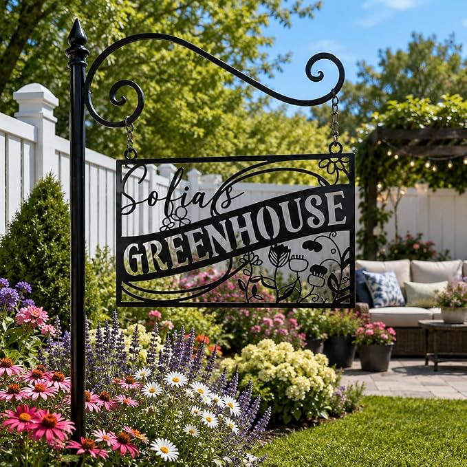 Personalized Greenhouse Sign, Custom Metal Garden Plaque with Family Name, Rustic Outdoor Wall Art for Garden Decor, Unique Mother's Day & Gardener Gift for Yard and Patio