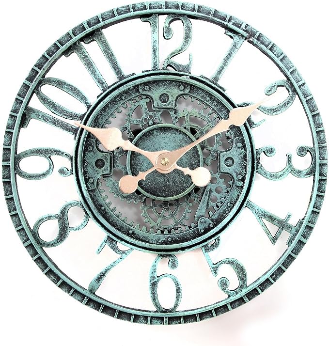 Lily's Home Hanging Wall Clock, Steampunk Gear and Cog Design with a Pewter Finish, Ideal for Indoor or Outdoor Clock, Poly-Resin (12 Inches Diameter)