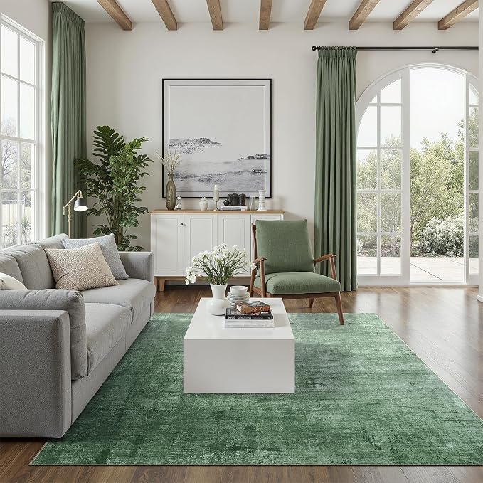 DCX Washable Abstract Area Rug 9x12, Non Slip Low Pile Rug, Green | Easy to clean, non-shedding, soft, kid & pet friendly, with a non-slip rubber backing for living rooms, bedrooms, and offices