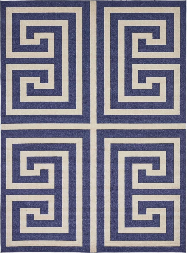 Unique Loom Athens Collection Classic Geometric Modern Border Design Area Rug (10' 0 x 13' 0 Rectangular, Navy Blue/ Beige)