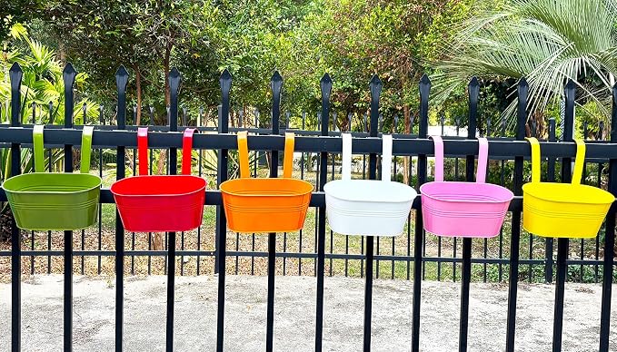 6 Pcs Railing Planter, 10" Metal Hanging Flower Pots for Outdoor Balcony Rails, Fence Pot Hanging Plant Holders with Detachable Hooks for Garden Patio Yard Decor (9.8", Pack of 6)