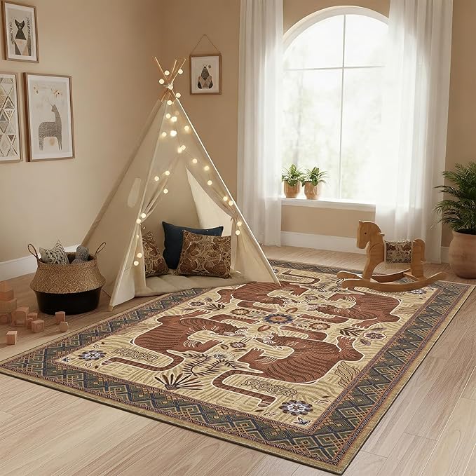 GarveeHome Tibetan Tiger 5x7 Area Rug Boho Brown Washable Living Room | Non Slip Vintage Rugs for Bedroom, Tribal Soft Animal Print Throw Rug Ultra Thin Stain Resistant Floor Carpet for Office