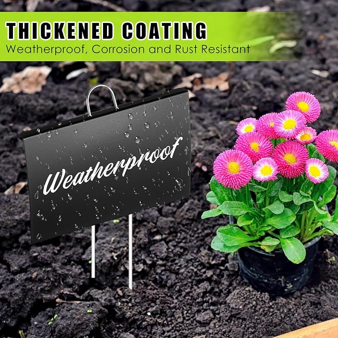 Landhoow 50 Pcs Large Garden Plant Markers Metal Plant Labels Sign 4'' x 6'' with 11'' Stake Weatherproof Waterproof Garden Sign for Outdoor Tree Seedlings Herbs Vegetable Greenhouse, Black