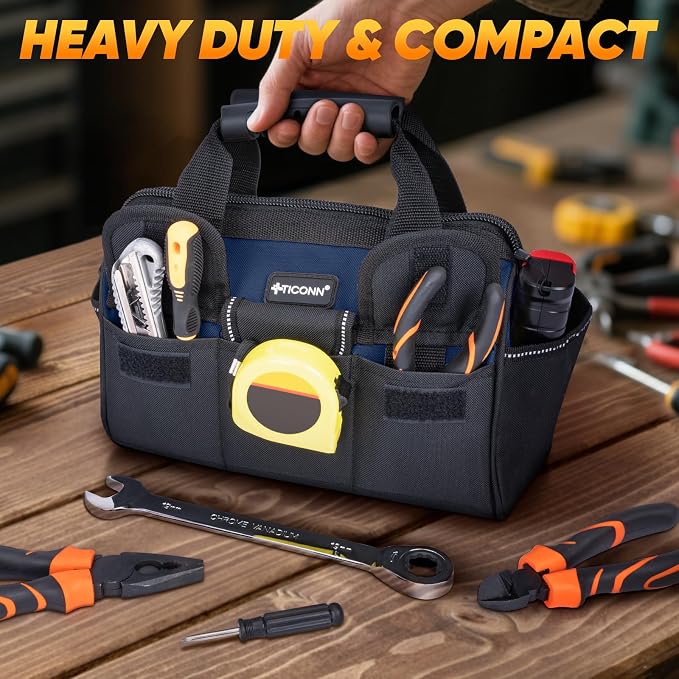 TICONN Heavy Duty Tool Bag with Multi-Pockets, Portable Tool Box Organizer Storage Bag, with Adjustable Shoulder Strap and Ergonomic Handle (Blue, 12" Standard Base)