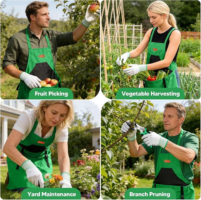 4PCS Harvest Apron Set, Gardening Apron with Adjustable Cross Strap & Multi-Pocket for Men Women, Includes Curved & Straight Garden Shears & Non-Slip Gloves, for Gardening, Harvesting
