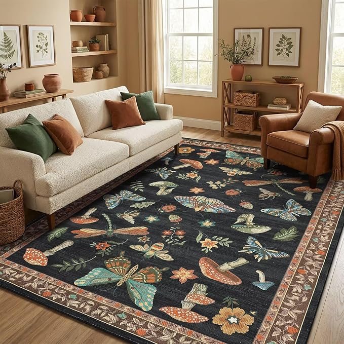 ROYHOME Mushroom 6x9 Area Rugs for Living Room Low-Pile Whimsical Cottage Core Insect Bug Butterfly Funky Dark Gothic Decor for Bedroom Nursery Dining Room Black Brown