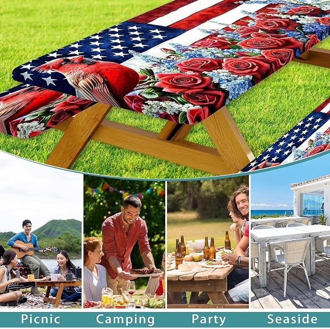 Picnic Table Cover with Bench Covers, Waterproof Elastic Fitted Tablecloths for 6 Foot Rectangle Tables, Washable American Flag Tablecloth for Camping, Outdoor (Red & Blue, 30"x96")