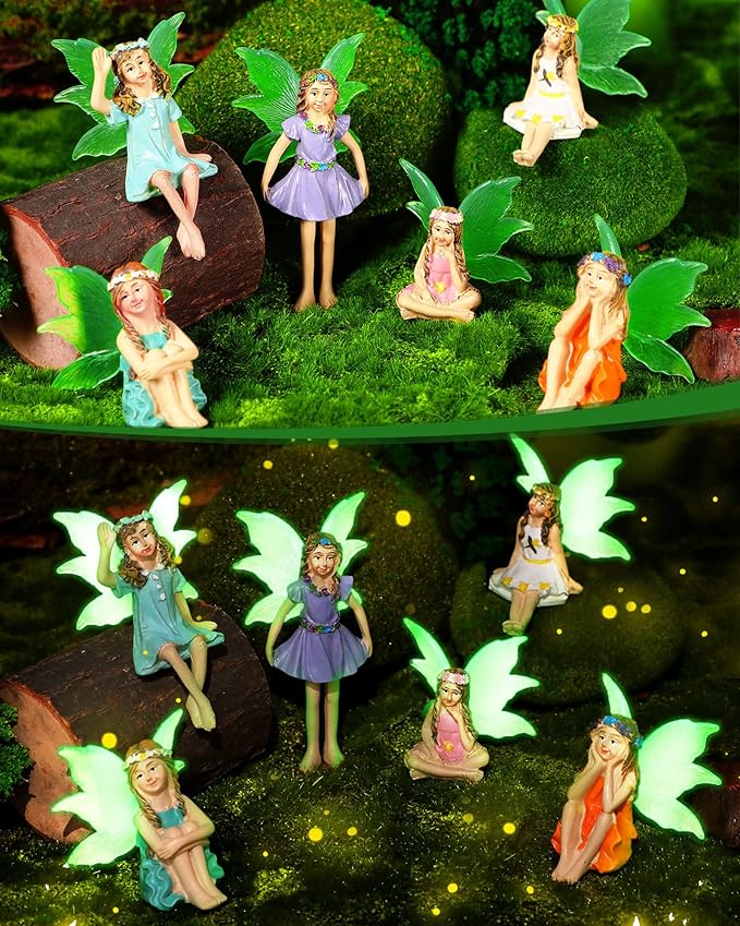 RattanView 6 Pcs Luminous Fairy Figurines Miniatures Resin Fairies Figurines Garden Accessories Small Vintage Luminous Fairy Statues for Outdoor Yard Garden Home Decorations