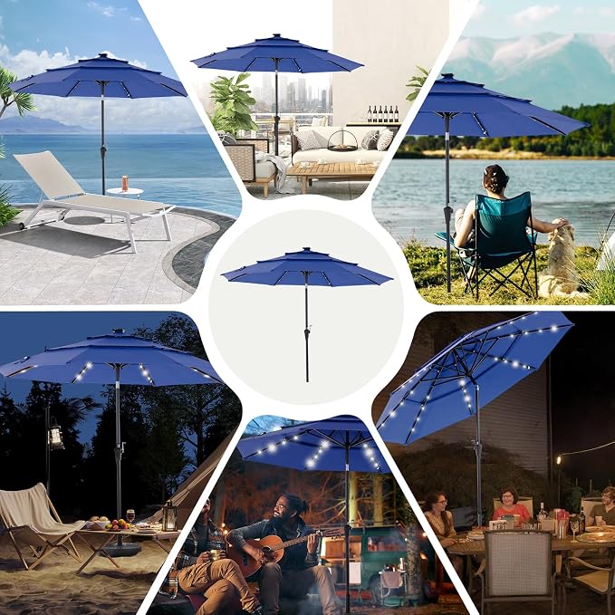 DUMOS Outdoor Solar Patio Umbrella 3 Tiers with 32 LED Lights, Beach Market Table Umbrella with Crank and 8 Sturdy Ribs for Pool, Terrace, Restaurant