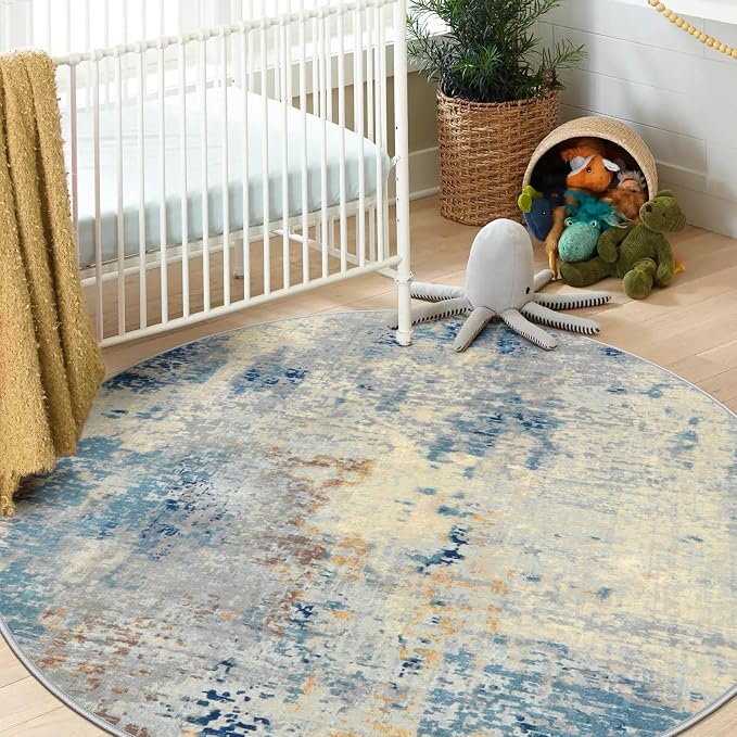 Lahome Washable Round Rug 5Ft, Blue Modern Abstract 5x5 Circle Rugs for Living Room Bedroom, Soft Contemporary Large Indoor Carpet for Kitchen Apartment Basement Home Office