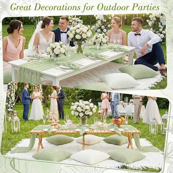 91 x 71 Extra Large Outdoor Boho White Picnic Blanket with Green Table Runner, 6 Napkins and 6 Throw Pillow Covers Table Decor for Beach Picnic Camp Wedding Party Birthday Baby Shower