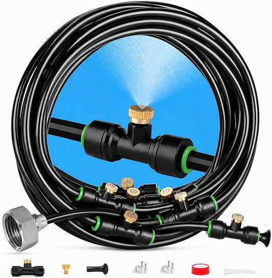 Misters for Outside Patio 63FT(19.2M)+21 Brass Mist Nozzles+a Brass Adapter(3/4") Detachable outdoor misting cooling system for Garden, waterpark, Greenhouse, Backyard, Fan, Umbrella, Deck, Canopy