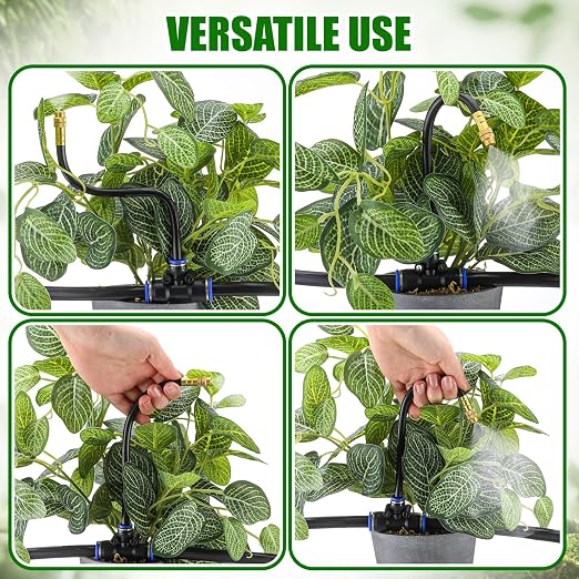 SiliFine 150 Pcs 98 ft 3/8" Greenhouse Drip Irrigation Kit with 40 Brass 360° Adjustable Nozzles and Faucet Adapter Install Adapters for Plants Lawns Gardens