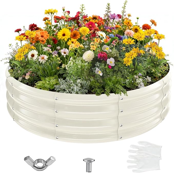 YSEJOMP 4FT Diameter Galvanized Garden Raised Bed/Plant Box/Fire Pit Ring - 0.8mm Thick,12 Inch Tall,Perfect for Planting a Variety of Flowers,Herbs,Vegetables (Cream White, 48 Dia X 12inches)