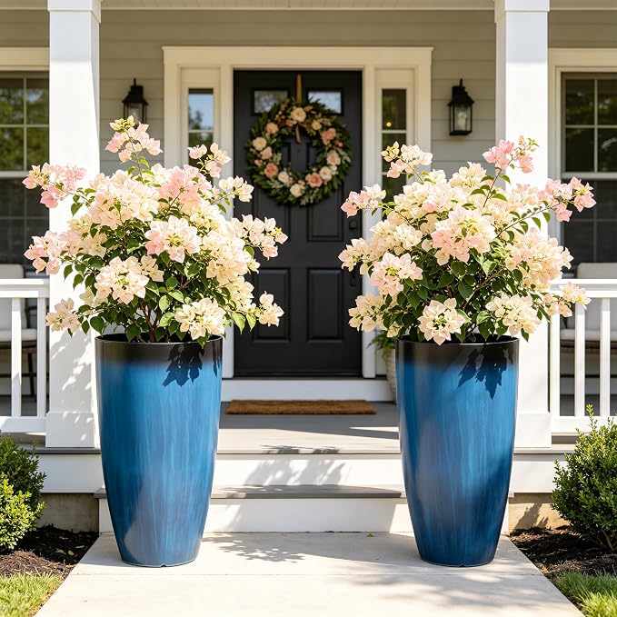 Autodaya 23.8" Tall Planters Set of 2, Large Plastic Plant Pots with Artistic Floating Cobalt Blue Glaze, UV-Resistant Lightweight PP Flower Pots for Outdoor Indoor Plants, Garden, Patio, Deck, Porch