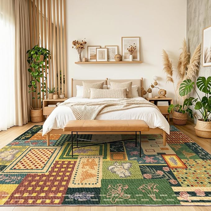 Floral 8x10 Area Rugs for Living Room, Colorful Green Boho Geometric Rug | Upgraded Non Slip Carpet| Indoor Rugs for Bedroom Dining Room Office Home Decor| Patchwork Abstract Rug| Cottagecore Rug