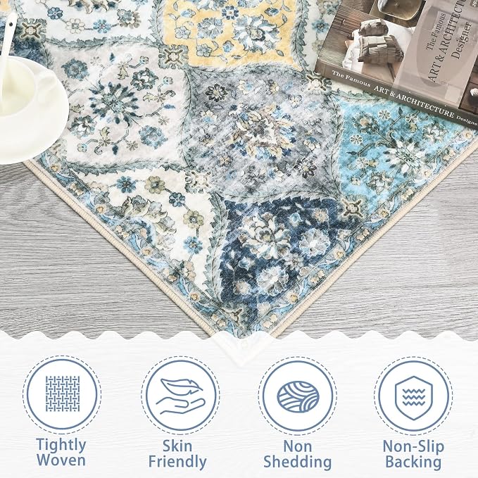ROYHOME Washable Round Rug 5ft Moroccan Washable Area Rug, Blue/Yellow | Stain Resistant Non-Slip Circle Rug Vintage Distressed Round Throw Carpet for Living Room Bedroom Kids Room Playroom