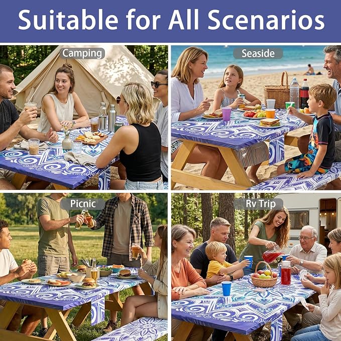 Fitted Waterproof Picnic Table Cover with Bench Covers Elastic Stain Resistant Camping Table clothes for 6Feet Rectangle Tables Outside Parties Necessities Gift Travel Trailers Trips Rv Things