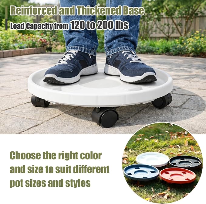 4-pack 16" Extra-large Plant Caddy with Wheels Plastic Plant Dolly with Locking Caster Flower Pot Mover Rollers Wheeled Rolling Plant Stands Round Plant Saucer Indoor Outdoor Base Coasters White