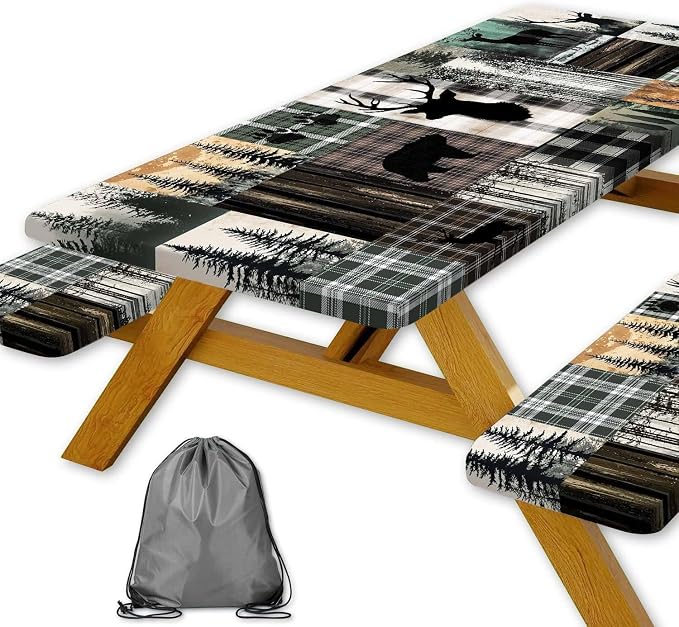 Picnic Table Cover with Bench Covers and Bag, Teal Rustic Camping Essentials Waterproof Windproof, Fitted Tablecloth Cover with Elastic Edge, for Indoor & Outdoor, Camping, 3 Pieces Set, 30x72 IN