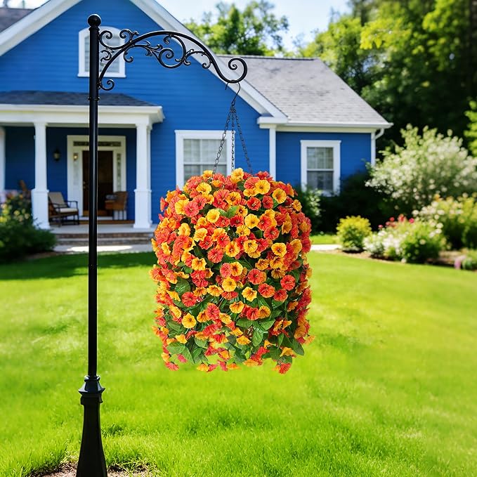 INXUGAO Artificial Flowers with Hanging Basket, Outdoor Faux Plants Silk Morning Glory Vines, Fake Green Arrangement for Garden Patio Spring Summer Decor(4pcs,Orange)