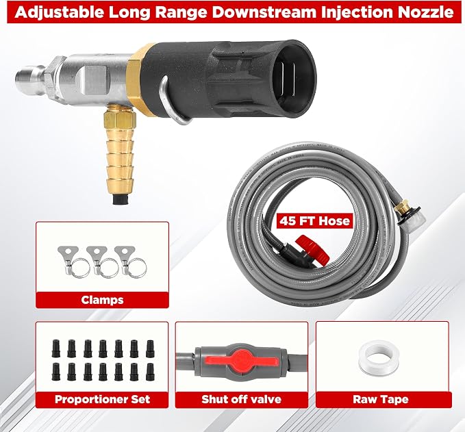 Adjustable Long-Range External Chemical Injection for Pressure Washer, Downstream Injector Nozzle Kit 2-2.5 GPM, 1/4" Quick Connect/45FT Siphon Hose, 2500 to 4000 PSI