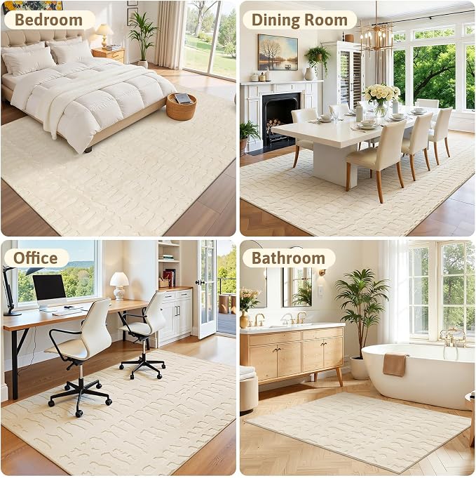 Yamaziot Washable 5x7 Area Rugs for Living Room Textured Non Slip Rug Beige | Modern High-Low Geometric Pattern, Soft Fluffy, Neutral, Minimalist Floor Carpet for Bedroom Dining Room Nursery Kids Room