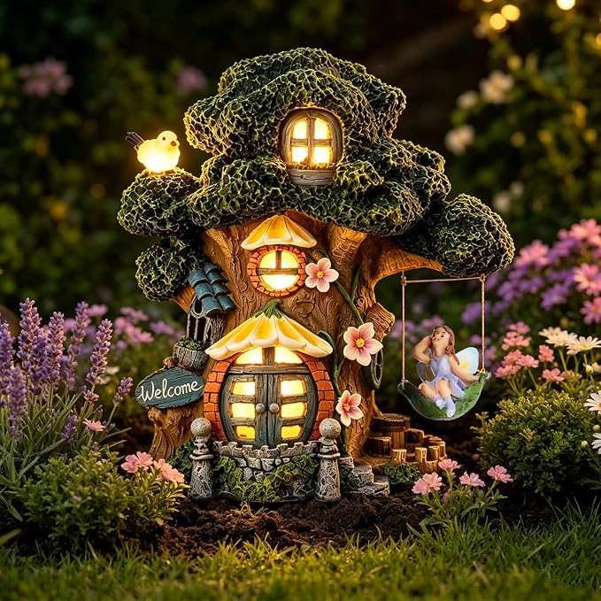 Fairy House Garden Outdoor Decor, Large Garden Gnome House and Fairy Figurines with Solar Lights Waterproof Resin Ornaments Decorations for Patio Yard Lawn