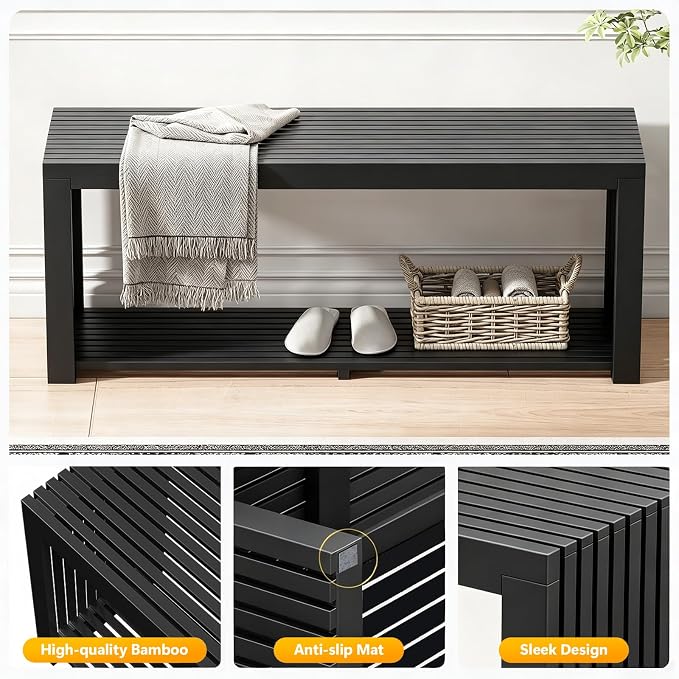 Bamboo Bench with Shelf, 35'' Entryway Bench Seat, Black | Shoe Bench for Entryway, Hallway, Doorway, Modern Benches for End of Bed Bench, Low Bench for Window